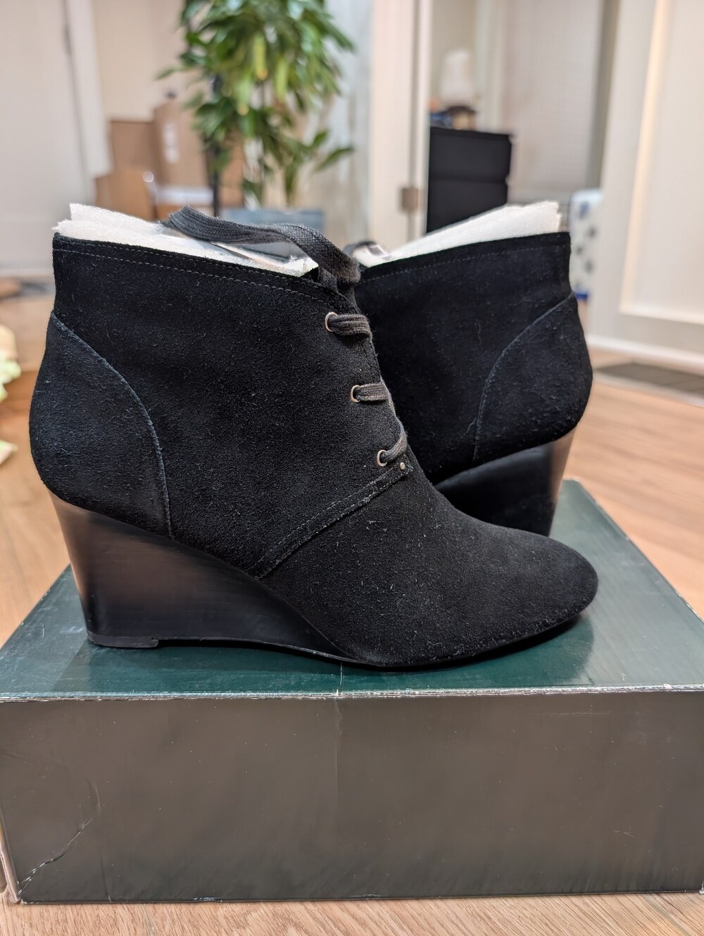 Ralph Lauren Black Suede Wedge Ankle Boots.